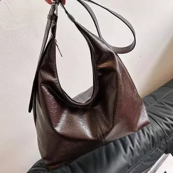 Женская большая сумка из масляно-восковой кожи в стиле ретро, новинка 2024 года, популярная сумка через плечо большой вместимости, модная сумка через плечо для путешествий