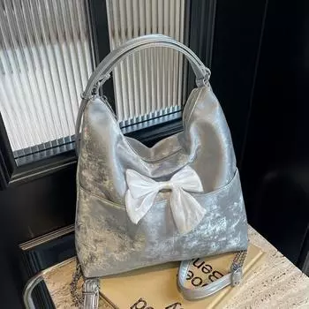 Женская большая сумка, новинка 2024 года, большая вместительная сумка на плечо в западном стиле с бантом для студентов, универсальный рюкзак на цепочке