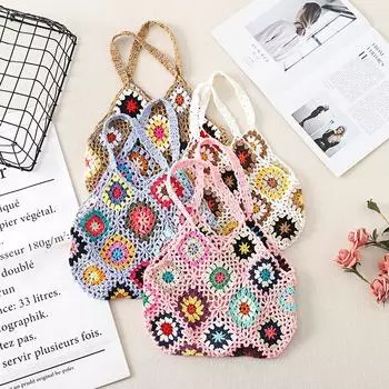 Женская большая сумка с цветочным принтом, вязаная крючком, большая вместительная вязаная сумка, модная сумка ручной работы с вырезами в стиле бохо, винтажная многоцветная полые сумки чёрный