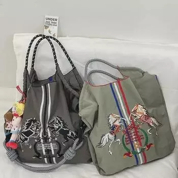 Женская большая сумка-тоут из вышитого холста - складная сумка через плечо из нейлона Medium