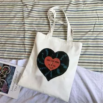 Женская большая сумка-тоут с мультяшным принтом в виде сердца, холщовая большая сумка в стиле Харадзюку, женская экологически чистая многоразовая повседневная сумка для покупок на плечо 24*26cm