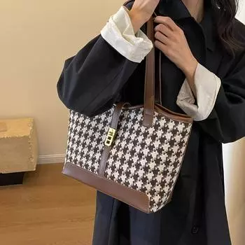 Женская большая сумка-тоут с узором гусиные лапки