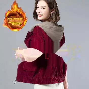 Женская большая вельветовая куртка с капюшоном - Arctic Velvet, осень/зима, свободный крой, корейский стиль, идеально подходит для мам среднего возраста M