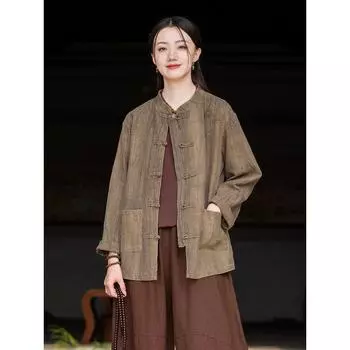 Женская большая винтажная рубашка из рами, куртка с длинным рукавом, высококачественное пальто на осень и весну, свободная женская универсальная верхняя одежда на пуговицах One Size кофейный