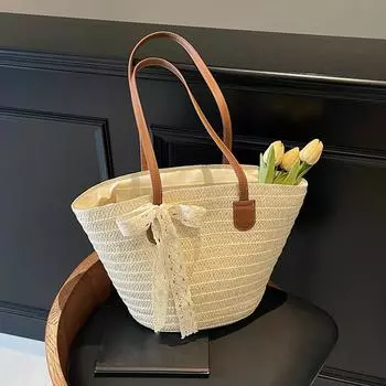 Женская большая вместительная новая пляжная соломенная сумка через плечо для отпуска, плетеная сумка-ведро для поездок на работу, сумка-корзина 23x14x29cm хаки