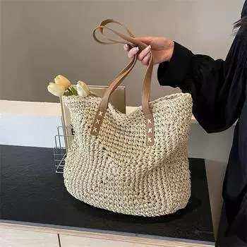 Женская большая вместительная однотонная сумка через плечо, летняя соломенная плетеная сумка, модная женская роскошная дизайнерская пляжная сумка-шоппер