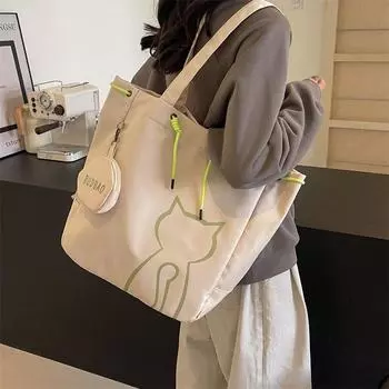 Женская большая вместительная пригородная сумка с кошачьим принтом, студенческая сумка через плечо, большая сумка зелёный