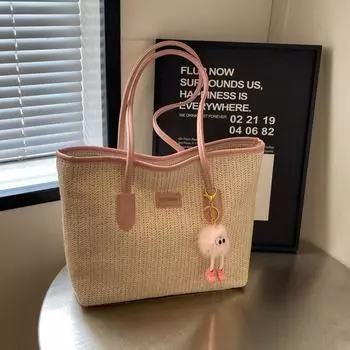 Женская большая вместительная сумка из травяной ткани в 2024 году, новая универсальная сумка через плечо в западном стиле, популярная летняя тканая большая сумка для поездок на работу