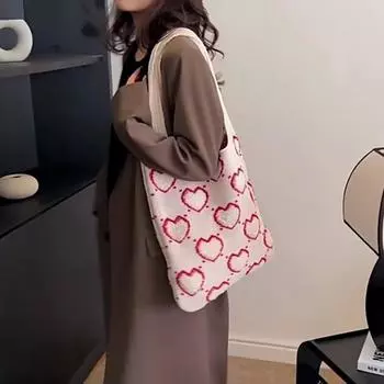 Женская большая вместительная вязаная тканая сумка на плечо, винтажная милая универсальная повседневная сумка-шопер с сердечком, студенческая сумка-тоут, связанная крючком 37x2x35cm бежевый