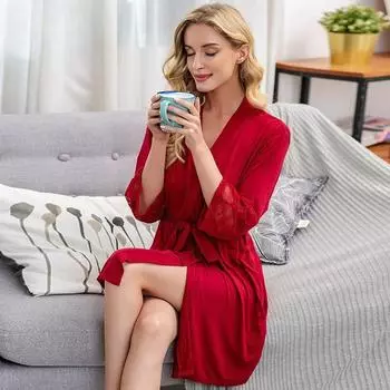 Женская большого размера однотонная модальная хлопковая домашняя одежда свободный халат женская кружевная пижама банный халат утренний халат халат спальный халат S бордовый