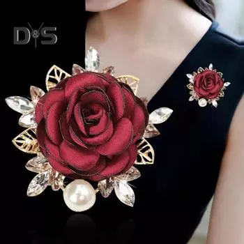 Женская брошь 3D Rose Leaf Искусственный жемчуг Стразы Лацкан Воротник Булавка Сумка Шарф Шляпа Украшение Брошь Выпускной Вечеринка Ювелирные изделия красный