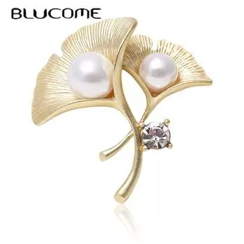 Женская брошь Blucome, Золотая гинкго билоба с жемчугом, брошь для пальто, костюма, булавки для хиджаба, подарок на Новый год золотистый