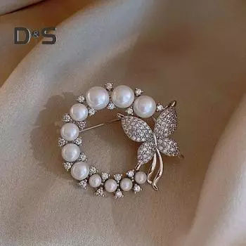 Женская брошь из искусственного жемчуга, бабочка, декор со стразами, изысканный винтажный противоскользящий износостойкий воротник пальто, шляпа, шарф, украшение, булавка для одежды серебряный
