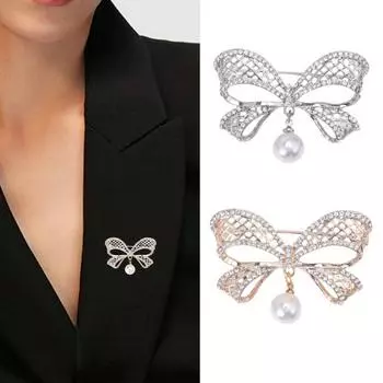 Женская брошь из искусственного жемчуга и стразами, полый бант, изысканный винтажный противоскользящий износостойкий воротник пальто, шляпа, шарф, украшение, булавка для одежды золотистый