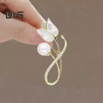 Женская брошь из искусственного жемчуга со стразами в форме тюльпана из нержавеющей стали, противоскользящая, износостойкая, воротник пальто, шляпа, шарф, украшение, булавка для одежды, украшения для одежды золотистый