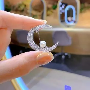 Женская брошь из искусственного жемчуга со стразами, декор в форме полумесяца, нержавеющая сталь, противоскользящая, износостойкая, воротник пальто, шляпа, шарф, украшение, булавка для одежды, булавка для одежды серебряный
