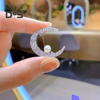 Женская брошь из искусственного жемчуга со стразами, декор в форме полумесяца, нержавеющая сталь, противоскользящая, износостойкая, воротник пальто, шляпа, шарф, украшение, булавка для одежды, булавка для одежды серебряный