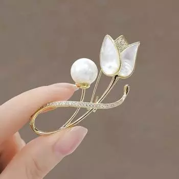 Женская брошь из искусственного жемчуга со стразами в форме тюльпана из нержавеющей стали, противоскользящая, износостойкая, воротник пальто, шляпа, шарф, украшение, булавка для одежды, украшения для одежды золотистый