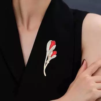 Женская брошь с лацканами, красный тюльпан в форме горного хрусталя, декор, воротник костюма, формальный воротник красный