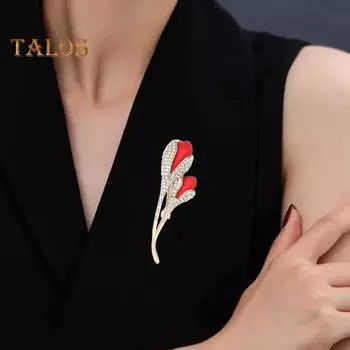 Женская брошь с лацканами, красный тюльпан, декор со стразами, воротник костюма, воротник формального случая, булавка для офисной одежды, вечерние ювелирные изделия для выпускного вечера красный