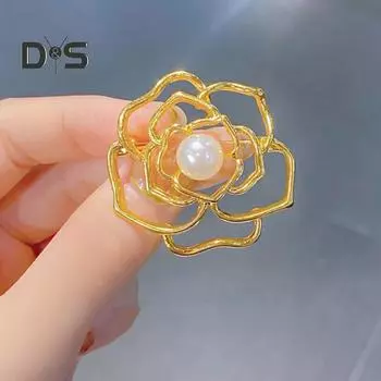 Женская брошь с выдалбленной камелией из искусственного жемчуга, противоскользящая, износостойкая, воротник пальто, шляпа, шарф, украшение, булавка для одежды, ювелирные изделия золотистый
