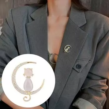 Женская брошь в форме кошки в форме луны, стразы, инкрустация булавкой из искусственного опала, костюм, воротник, шаль, шарф, значок, аксессуары для костюма золотистый