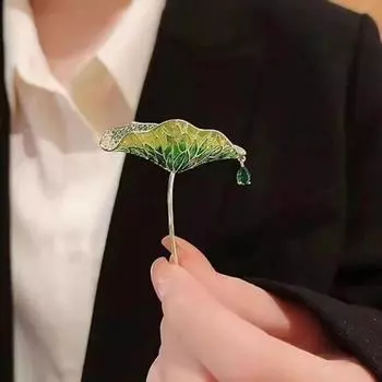 Женская брошь в форме листа лотоса со стразами, капля воды, эмаль, противоскользящая сумка на плечо, костюм, пальто, воротник, шляпа, одежда, защита от воздействия, булавка для выпускного вечера зелёный