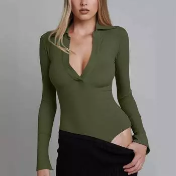Женская цельная футболка, тонкий длинный рукав, V-образный вырез, однотонный комбинезон, топ M армия зеленый