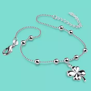 Женская цепочка из стерлингового серебра 925 пробы, простой стиль, подвеска в виде клевера, однотонный серебряный браслет на щиколотке, женские летние пляжные украшения 27CM Anklet