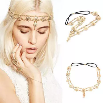 Женская цепочка на голову с жемчугом, обруч для волос золотой