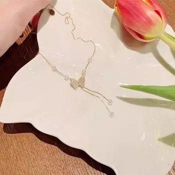 Женская цепочка на ключицу, бабочка, искусственный жемчуг, декор со стразами, удлиненная регулируемая длина, легкое женское ожерелье из нержавеющей стали, украшение на шею Butterfly