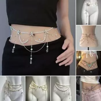 Женская цепочка на талию с кисточкой в виде бабочки и цветка, подвеска из искусственного жемчуга, поясная цепочка