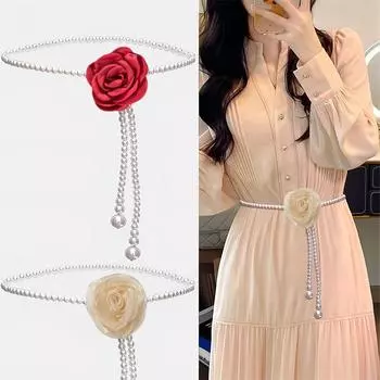 Женская цепочка на талию с жемчугом и цветами камелии, женские тонкие платья, брюки, украшения, ремни для девочек, роскошная цепочка на талию красный