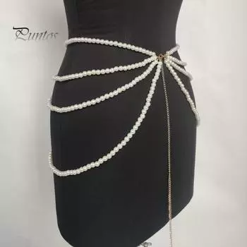 Женская цепочка на живот, многослойная поясная цепочка с украшением из искусственного жемчуга, элегантный пояс для платьев, юбок белый