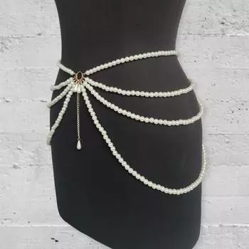 Женская цепочка на живот, многослойная поясная цепочка с украшением из искусственного жемчуга, элегантный пояс для платьев белый