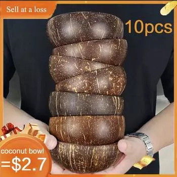 10-16 см Натуральная кокосовая миска Обеденный набор Деревянная посуда ручной работы Деревянная ложка Десерт Фруктовый салат Смешивание риса Рамен Миска L