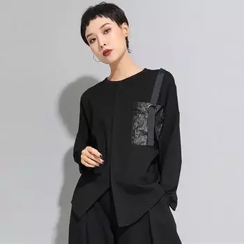 Женская черная асимметричная футболка с пряжкой большого размера, модная весенне-осенняя одежда с круглым вырезом и длинными рукавами M чёрный