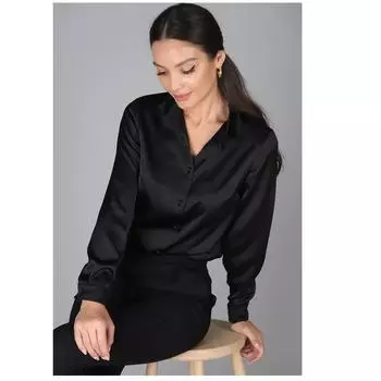 Женская черная атласная рубашка с отложным воротником и длинным рукавом, высококачественная блузка, рубашка для отдыха