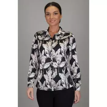 Женская черная бежевая рубашка с длинным рукавом из лайкры и атласа с узором в виде листьев DK 1007