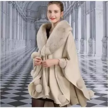 Женская черная большая накидка-маятник, пончо, зимняя меховая шаль, вязаный свитер большого размера, кардиган с воротником из искусственного лисьего меха One Size бежевый