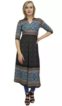 Женская черная дизайнерская туника Bimba с принтом трапециевидной формы Kurti Kurta Dress-10 10 чёрный