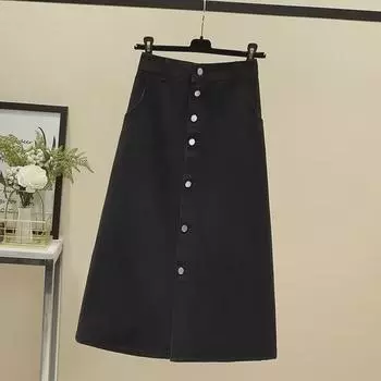 Женская черная джинсовая юбка А-силуэта с высокой талией и пуговицами — облегающая, прикрывающая живот, средней длины, летний повседневный тренд 5XL чёрный