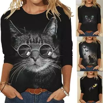 Женская черная футболка с 3D принтом кота, новая весенне-осенняя свободная повседневная футболка с длинным рукавом, женская футболка с круглым вырезом