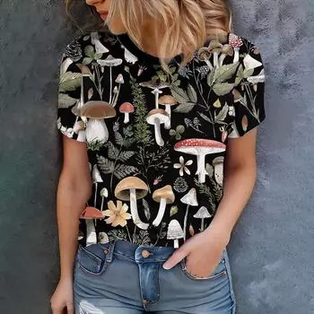 Женская черная футболка с принтом грибов, вдохновленным природой, повседневный летний стиль, круглый вырез, короткий рукав, топ для повседневной носки S