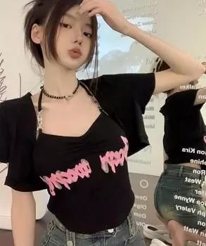 Женская черная готическая футболка с буквенным принтом Harajuku, корейская Y2k, винтажные футболки с короткими рукавами 90-х годов, одежда 2000-х годов M чёрный