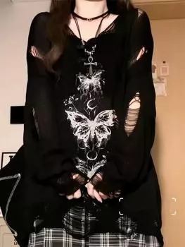 Женская черная готическая футболка с принтом граффити Harajuku Korean Y2k 90s Vintage Long Sleeve T Shirts Clothing Casual 2000s Autumn New M чёрный