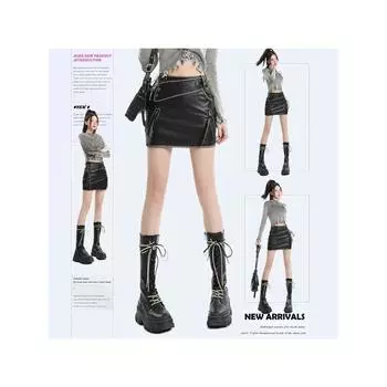 Женская черная готическая юбка-трапеция из кожи в винтажном стиле Y2k, мини-юбка в стиле Харадзюку, корейская мода, 2000-е годы, эстетика, дрянная одежда 2024 S чёрный