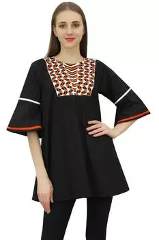 Женская черная хлопковая блузка-туника Bimba, летние свободные рукава с воланами-10 16 чёрный