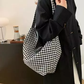 Женская черная клетчатая сумка-тоут, большая вместимость, сумка через плечо чёрный