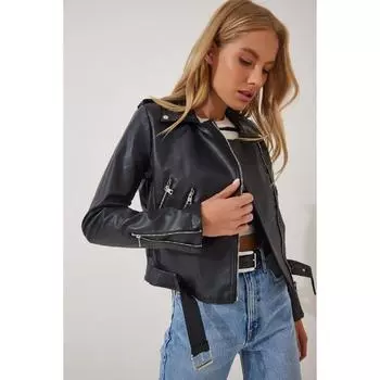 Женская черная кожаная куртка с поясом